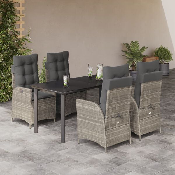 vidaXL Set comedor de jard&iacute;n 5 pzas cojines rat&aacute;n sint&eacute;tico gris claro
