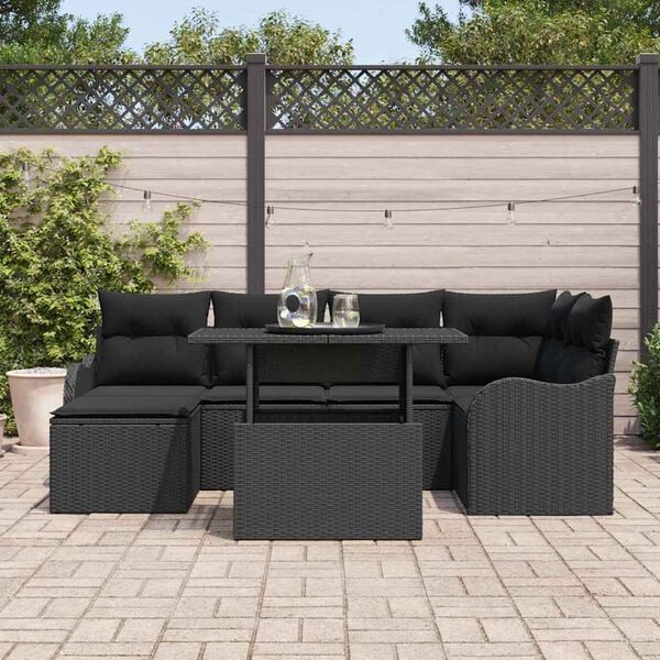 vidaXL Conjunto de sof&aacute; de jard&iacute;n con coj&iacute;n 7 pcs Negro Polirat&aacute;n