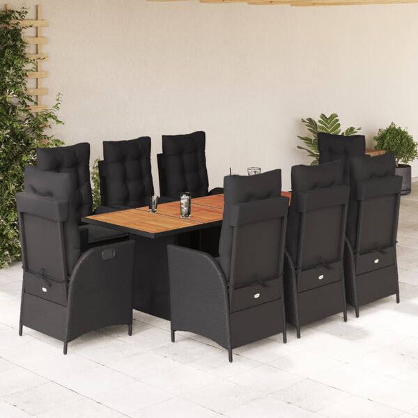 vidaXL Set de comedor de jard&iacute;n 9 pzas y cojines rat&aacute;n sint&eacute;tico negro
