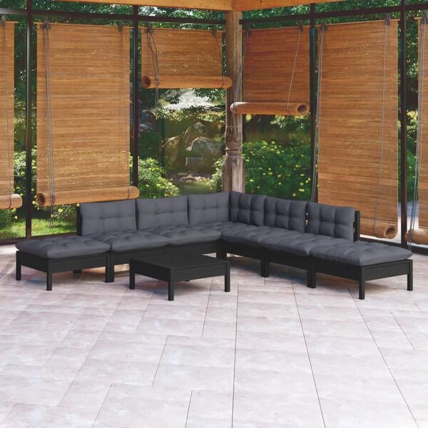 vidaXL Muebles de jard&iacute;n 8 pzas con cojines negro madera de pino