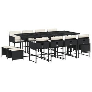 vidaXL Set comedor de jard&iacute;n con cojines 13 pzas rat&aacute;n sint&eacute;tico negro