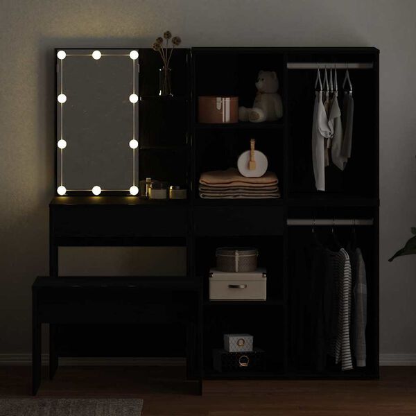vidaXL Conjunto de mesa de vestidor con LED 4 pcs Roble Negro