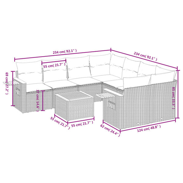 vidaXL Set de muebles de jard&iacute;n 9 pzas y cojines rat&aacute;n sint&eacute;tico gris