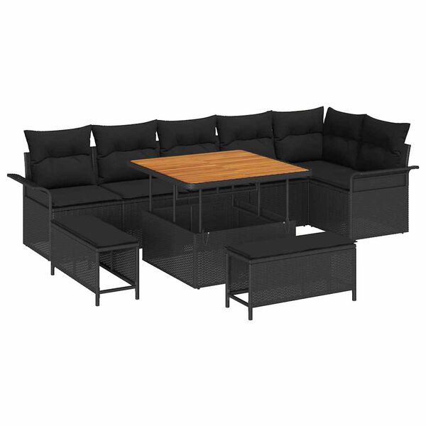 vidaXL Conjunto de sof&aacute; de jard&iacute;n con coj&iacute;n con almohada 9 pcs Negro