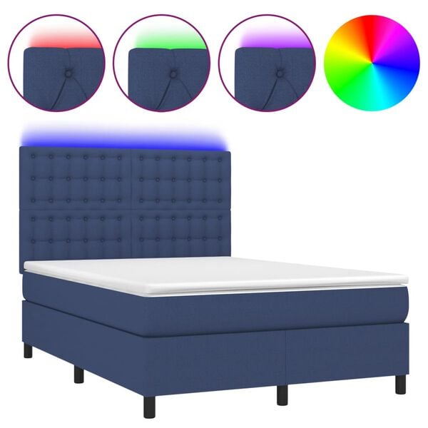 vidaXL Cama box spring colch&oacute;n y luces LED tela azul 140x190 cm