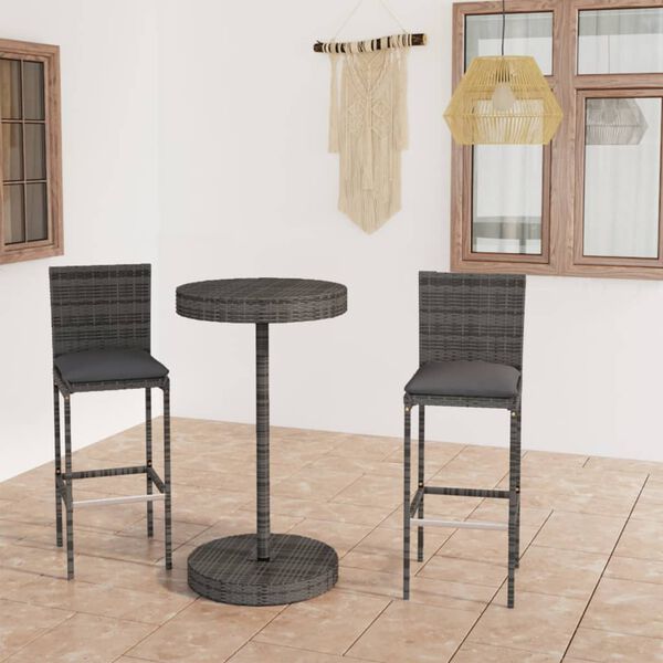 vidaXL Set muebles bar jardín 3 piezas y cojines ratán sintético gris