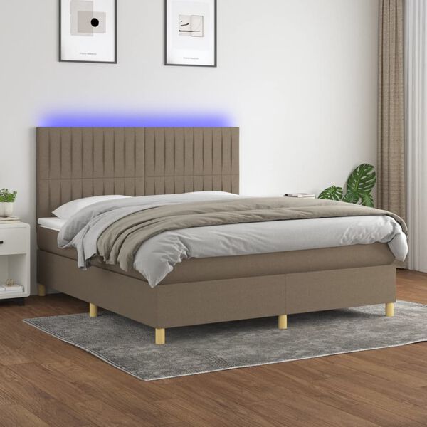 vidaXL Cama box spring colch&oacute;n y luces LED tela gris taupe 160x200 cm