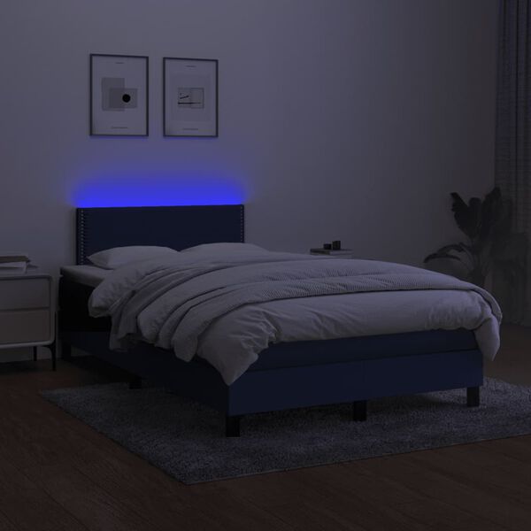 vidaXL Cama box spring con colch&oacute;n y luces LED tela azul 120x190 cm