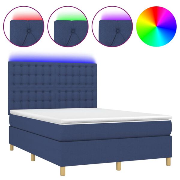 vidaXL Cama box spring colch&oacute;n y luces LED tela azul 140x200 cm