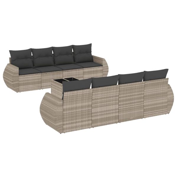 vidaXL Set muebles jard&iacute;n 9 pzas y cojines rat&aacute;n sint&eacute;tico gris claro