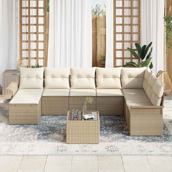vidaXL Conjunto de sof&aacute; de jard&iacute;n 9 pcs Beige rat&aacute;n sint&eacute;tico