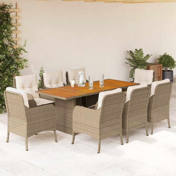 vidaXL Set comedor de jard&iacute;n 9 pzas con cojines rat&aacute;n sint&eacute;tico beige