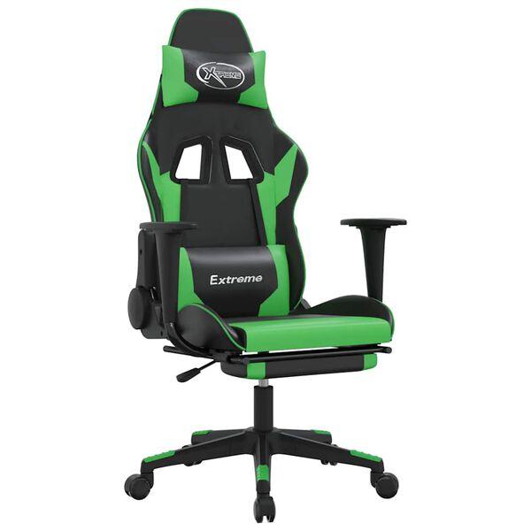 vidaXL Silla gaming de masaje y reposapiés cuero sintético negro verde