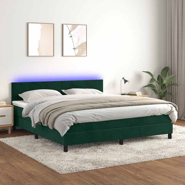 vidaXL Cama box spring colch&oacute;n y LED terciopelo verde oscuro 180x200cm