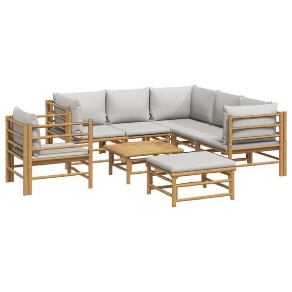 vidaXL Set de muebles de jardín 8 piezas bambú y cojines gris claro