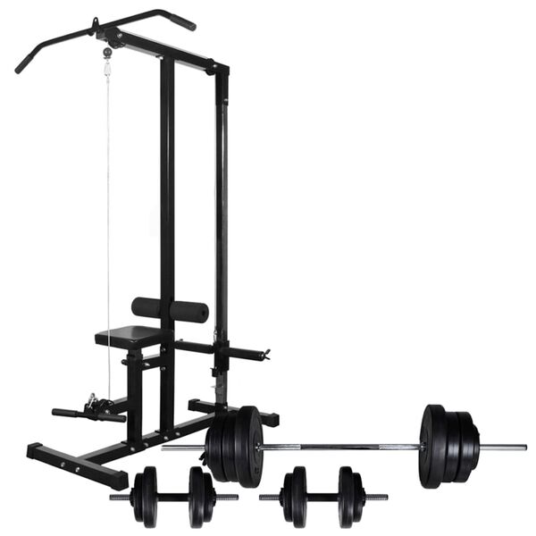 vidaXL Máquina musculación Power Tower con pesas y mancuernas 60,5 kg