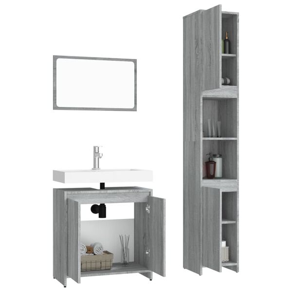 vidaXL Set de muebles de ba&ntilde;o 3 pzas madera contrachapada gris sonoma