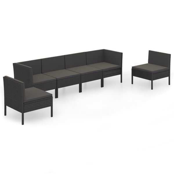 vidaXL Set de muebles de jard&iacute;n 6 pzas y cojines rat&aacute;n sint&eacute;tico negro