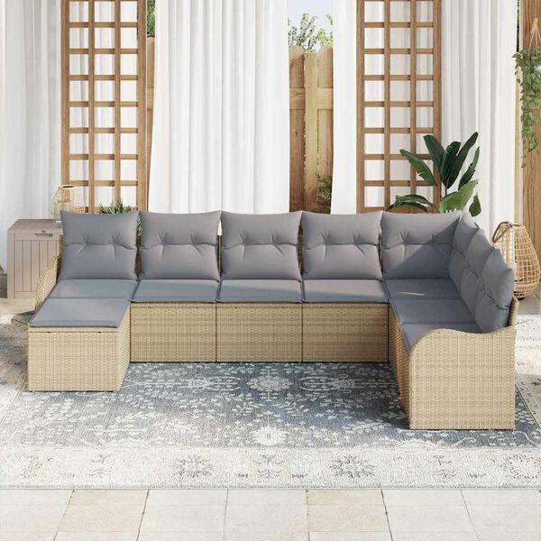 vidaXL Conjunto de sof&aacute; de jard&iacute;n 8 pcs Beige rat&aacute;n sint&eacute;tico