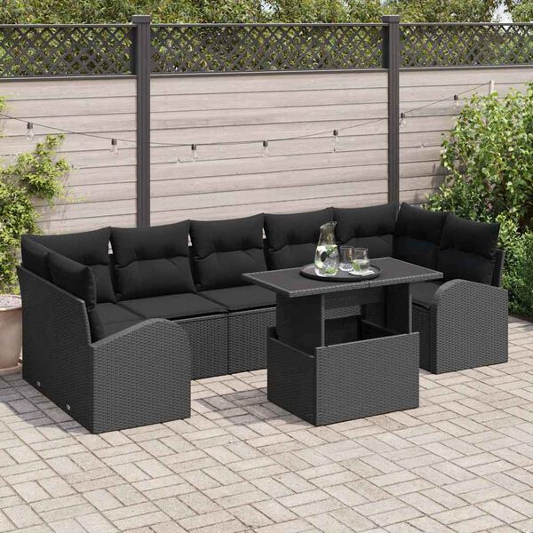 vidaXL Conjunto de sofá de jardín con cojín 8 pcs Negro Poliratán