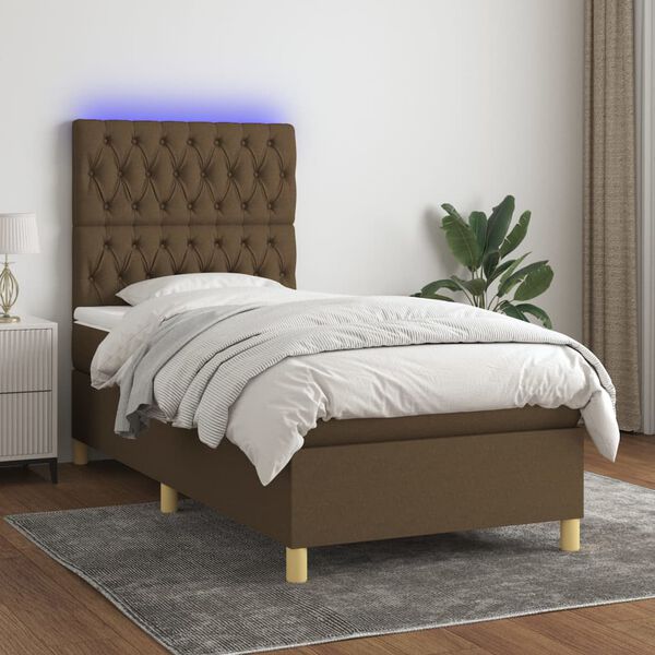 vidaXL Cama box spring colch&oacute;n y luces LED tela marr&oacute;n oscuro 80x200cm
