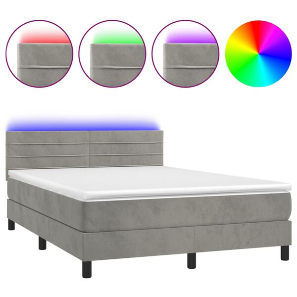 vidaXL Cama box spring colch&oacute;n y LED terciopelo gris claro 140x200 cm