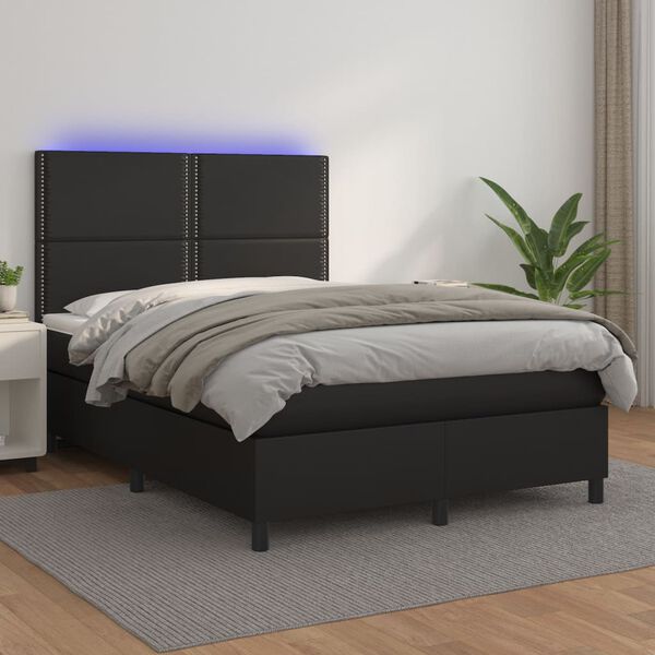 vidaXL Cama box spring colch&oacute;n y LED cuero sint&eacute;tico negro 140x190 cm