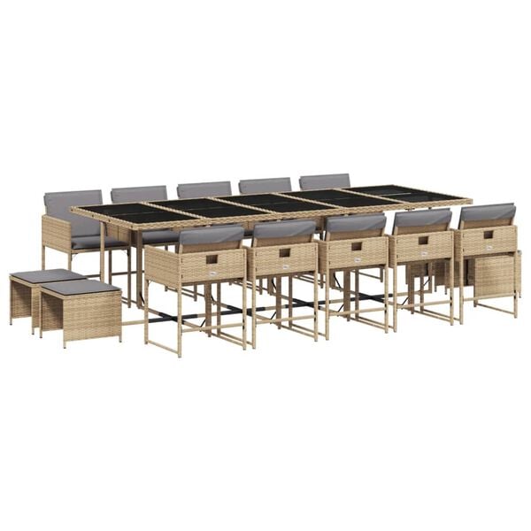 vidaXL Set comedor de jard&iacute;n con cojines 15 pzas rat&aacute;n sint&eacute;tico beige