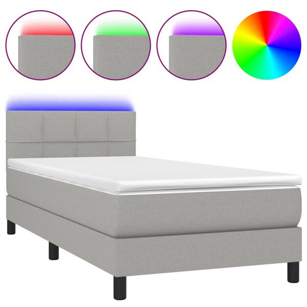 vidaXL Cama box spring colch&oacute;n y luces LED tela gris claro 90x200 cm