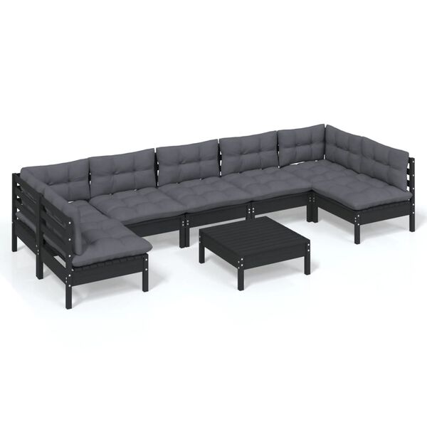 vidaXL Muebles de jard&iacute;n 8 pzas con cojines negro madera maciza pino