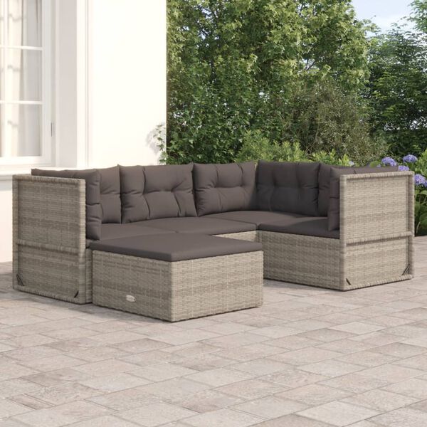 vidaXL Set de muebles de jard&iacute;n 5 pzas y cojines rat&aacute;n sint&eacute;tico gris
