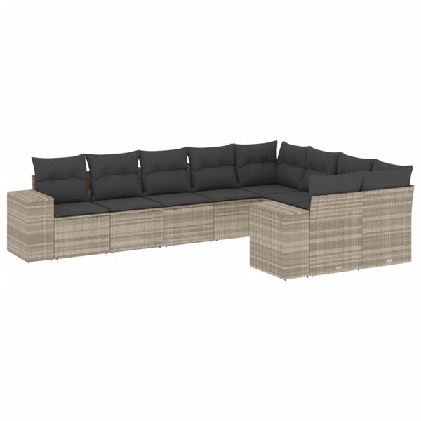 vidaXL Set muebles jard&iacute;n 9 pzas y cojines rat&aacute;n sint&eacute;tico gris claro