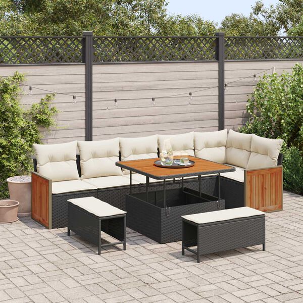vidaXL Conjunto de sof&aacute; de jard&iacute;n 9 pcs Negro y crema rat&aacute;n sint&eacute;tico