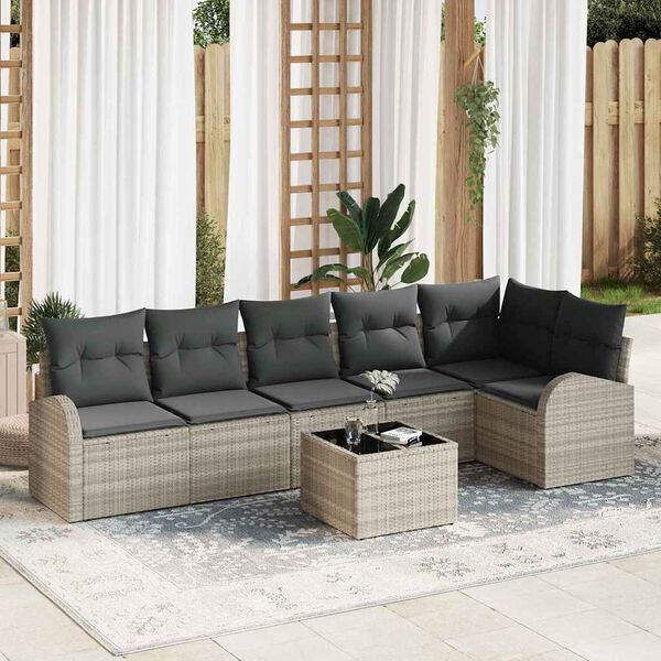 vidaXL Conjunto de sof&aacute; de jard&iacute;n con coj&iacute;n 7 pcs Gris claro Polirat&aacute;n