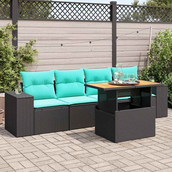 vidaXL Set de muebles de jard&iacute;n 5 pzas y cojines rat&aacute;n sint&eacute;tico negro