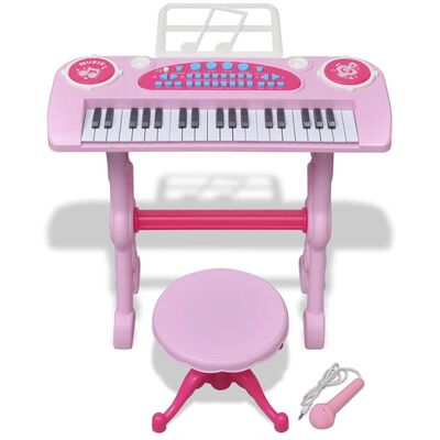 Piano de juguete de 37 teclas con taburete/micrófono para niños (Rosa)
