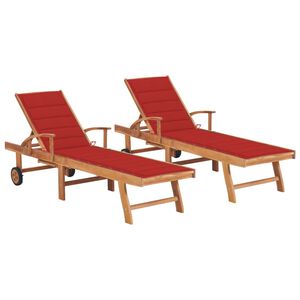 vidaXL Tumbonas 2 uds madera maciza de teca con coj&iacute;n rojo