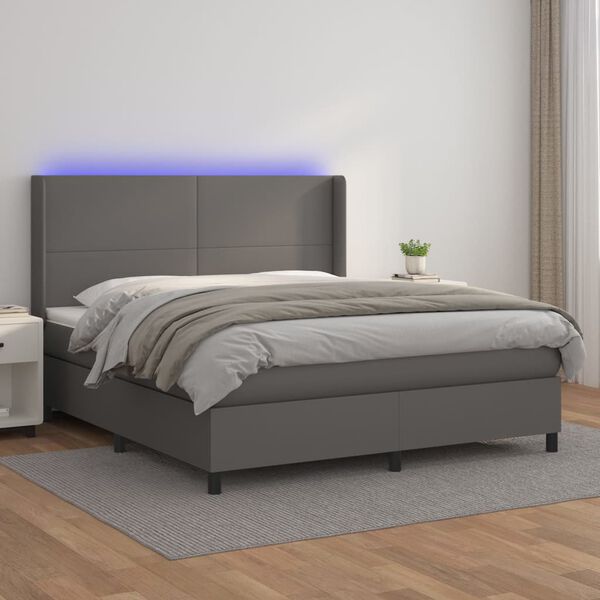 vidaXL Cama box spring colch&oacute;n y LED cuero sint&eacute;tico gris 180x200 cm