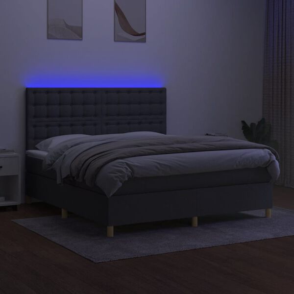 vidaXL Cama box spring colch&oacute;n y luces LED tela gris oscuro 180x200 cm