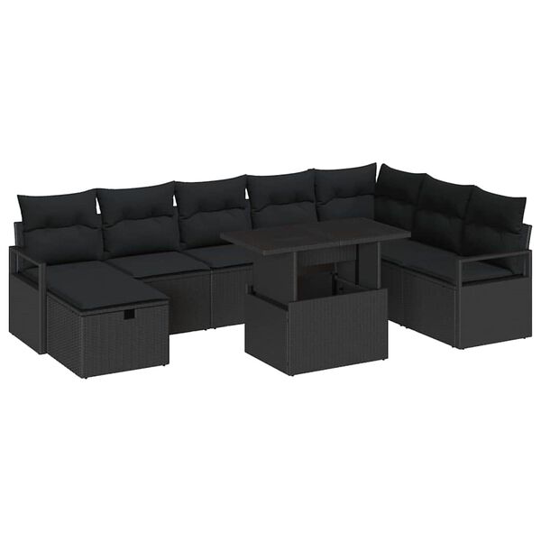 vidaXL Conjunto de sof&aacute; de jard&iacute;n con coj&iacute;n 9 pcs Negro Polirat&aacute;n