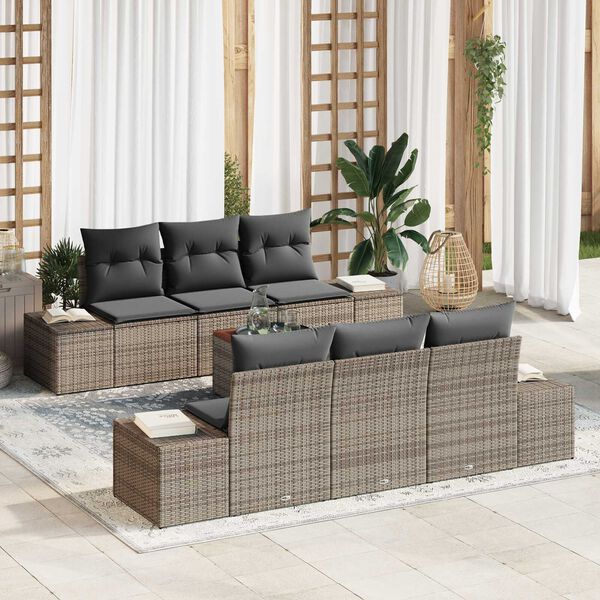 vidaXL Conjunto de sof&aacute;s de jard&iacute;n 7 pcs Gris rat&aacute;n sint&eacute;tico