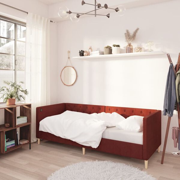vidaXL Sof&aacute; cama con colch&oacute;n USB de tela rojo vino tinto 90x200 cm