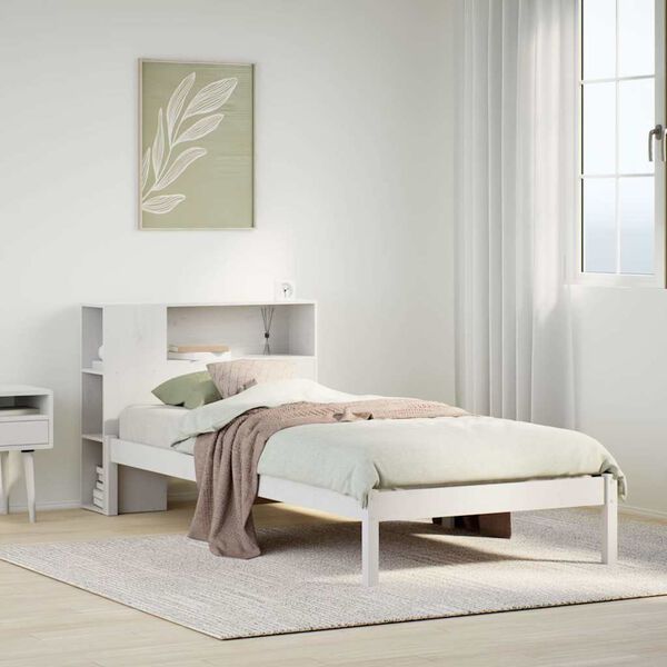 vidaXL Cama con estanter&iacute;a sin colch&oacute;n madera maciza blanca 75x190 cm