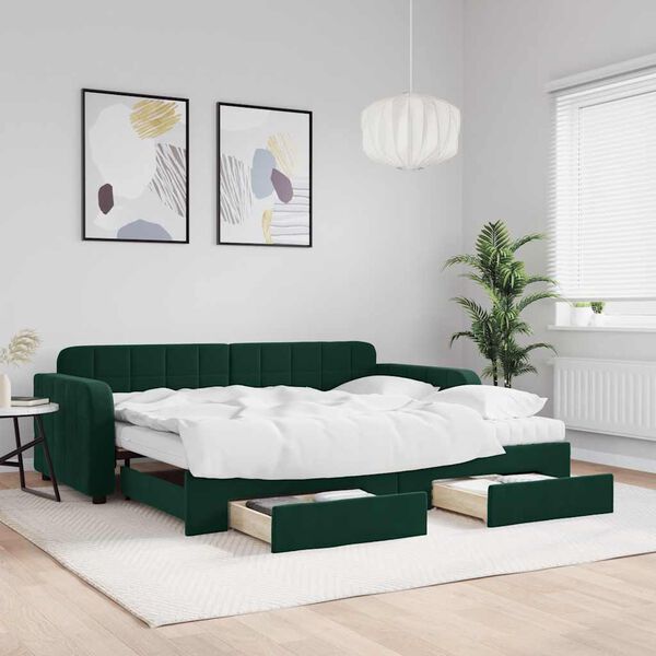 vidaXL Sof&aacute; cama nido con cajones terciopelo verde oscuro 90x200 cm