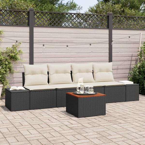 vidaXL Conjunto de sof&aacute;s de jard&iacute;n 5 pcs Negro y crema rat&aacute;n sint&eacute;tico
