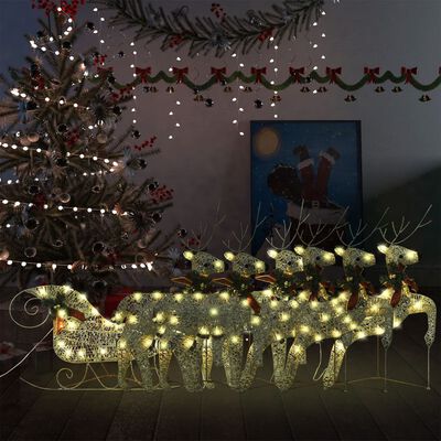 vidaXL Decoración navideña de renos y trineo de jardín dorado 140 LEDs