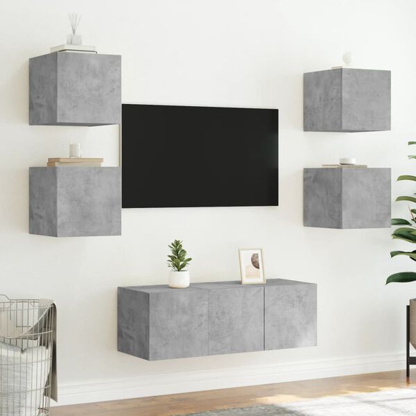 vidaXL Muebles TV pared con LED 6 pzas madera ingenier&iacute;a gris hormig&oacute;n