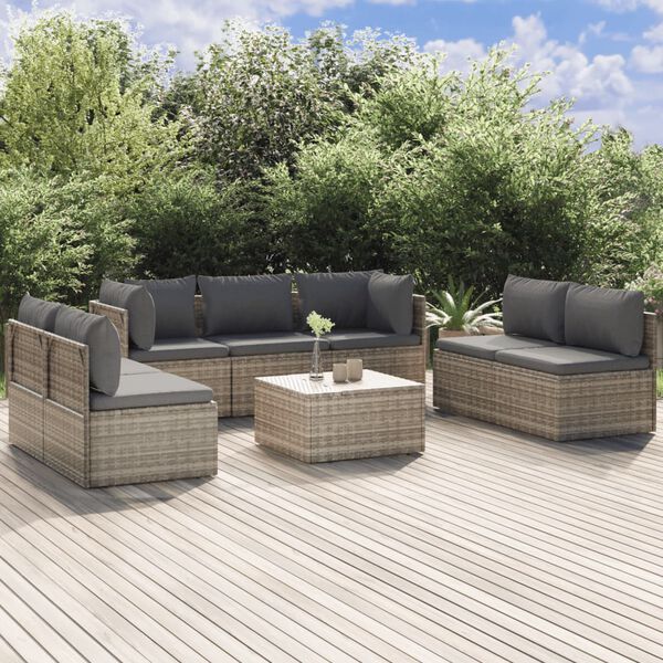 vidaXL Set de muebles de jard&iacute;n 8 pzas y cojines rat&aacute;n sint&eacute;tico gris