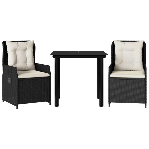 vidaXL Set comedor de jard&iacute;n 3 pzas con cojines rat&aacute;n sint&eacute;tico negro
