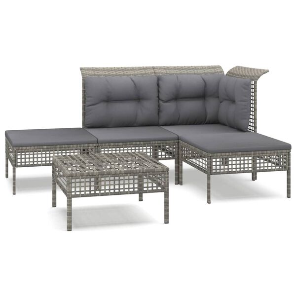 vidaXL Set de muebles de jard&iacute;n 5 pzas y cojines rat&aacute;n sint&eacute;tico gris
